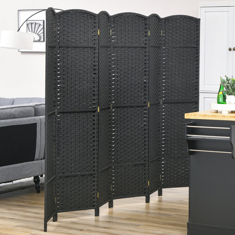 Paravent de 5,6 pi de hauteur, paravent pliable 6 panneaux. Noir pour la chambre à coucher et le bureau personnel. Cloison autoportante avec captation tissée à la main et cloison supérieure arquée, écran. Bureau, chambre à coucher.
