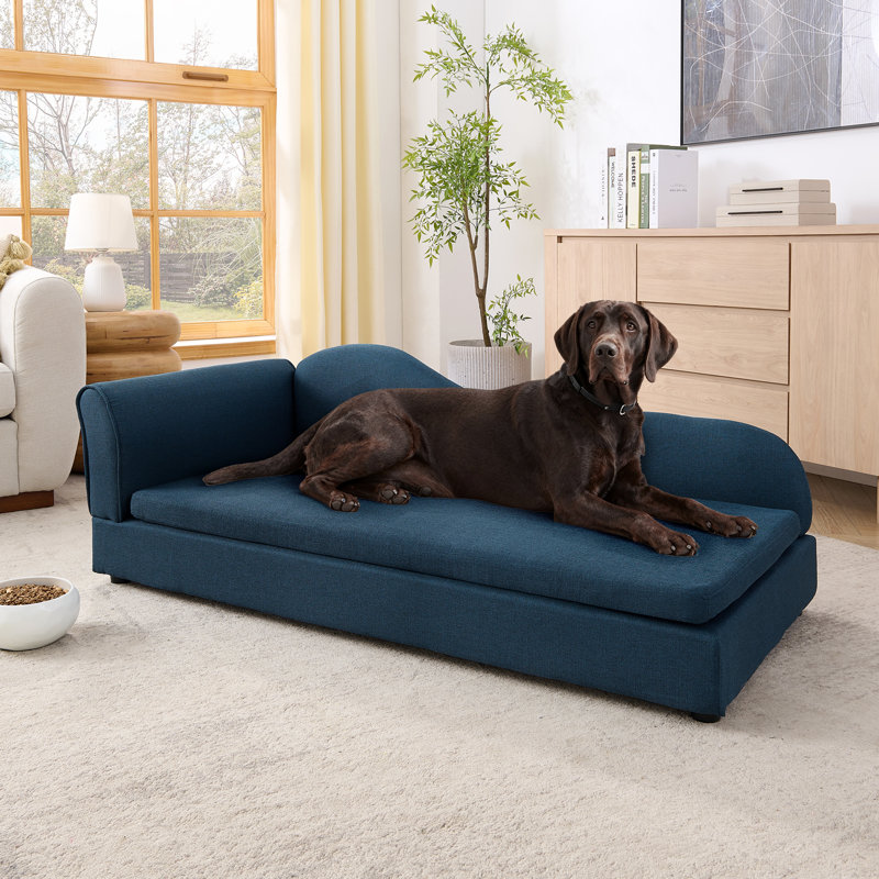 Canapé surdimensionné pour chiens de taille moyenne / grande - dossier moderne à vagues irrégulières, accoudoir simple, tissu en lin respirant de qualité supérieure, coussin moelleux et pieds en plastique bas - bleu foncé
