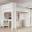 Grand lit mezzanine en bois avec garde-robe et bureau, tête de lit avec rangement et port USB, blanc-1138889723