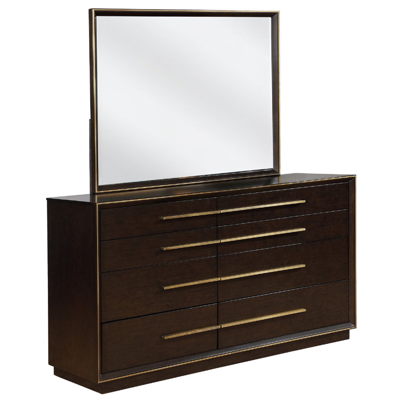 Grande commode avec miroir Lyni, 8 tiroirs, poignées en métal, bois brun, Brun