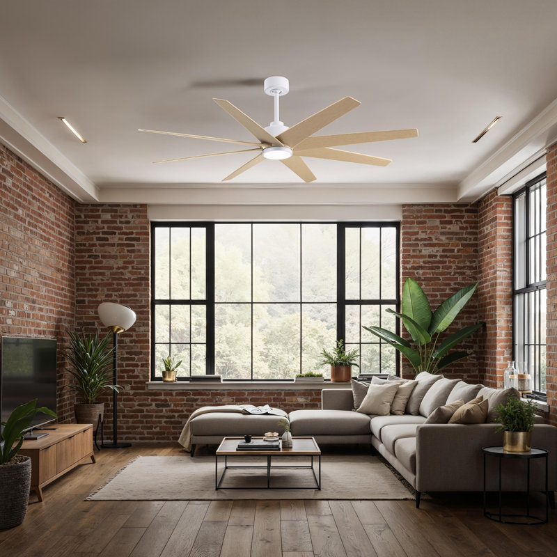 Ariella - Ventilateur de plafond à huit pales - DEL intégrée, Blanc mat, Ton érable clair