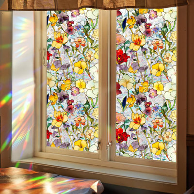 Floral Stained Glass Window Privacy Film, Retro Decorative Rainbow Window Privacy Film Sun Blocking, Magnolia Flower Glass Decal,Static Cling Stickers For Living Room, Car Sunroof. (H, 17"W X 78.74"L)