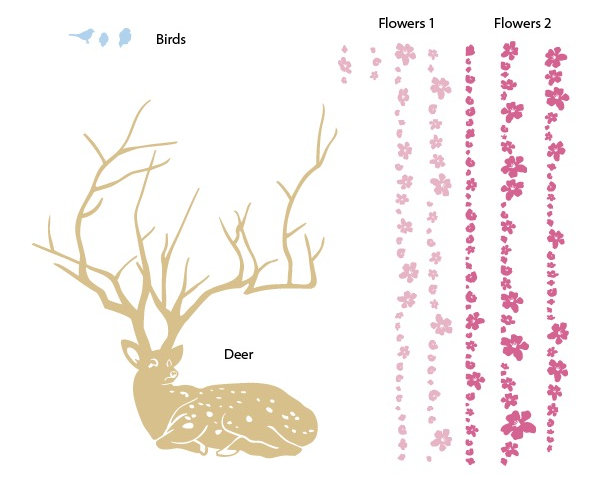 Décalcomanie murale cerf fleur de cerise, Beige / Bleu Clair / Rose, 22" H x 19" lx 0.01" D