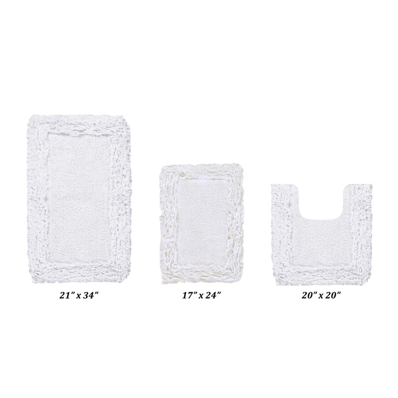 Courson Premium 100% Cotton 1775 GSM 3-Piece Bath Rug Set, OEKO-TEX® Certified, Non-Slip Spray Latex Backing, Plush Tufted Ruffle Pattern, Super Absorbent, Machine Washable Bathroom Rugs, White