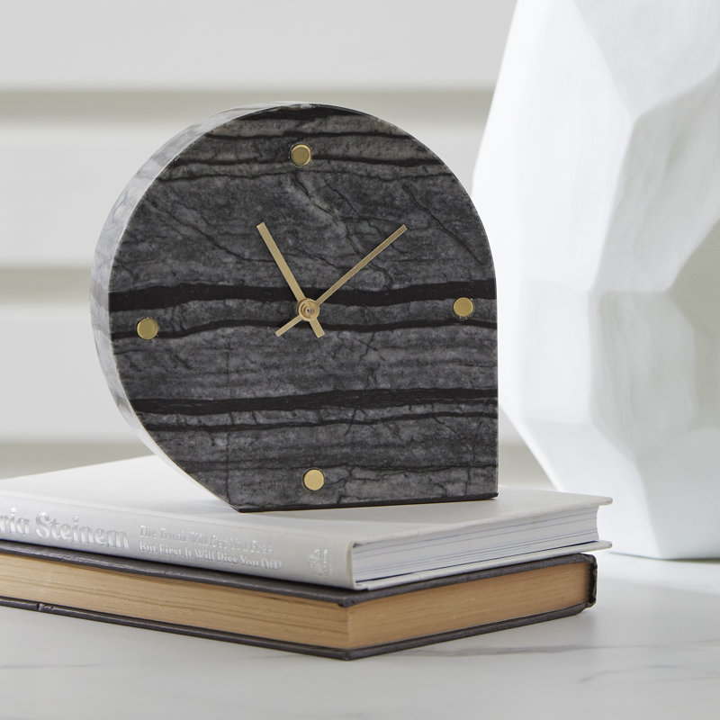 Black Marble Contemporary Table Clock Set with Gold Accents