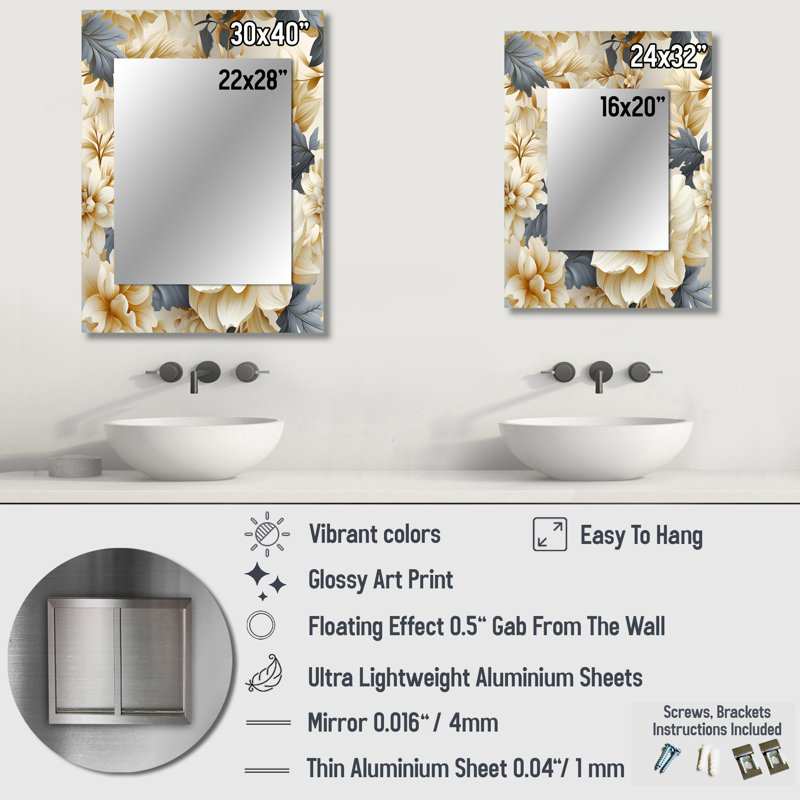 Littlefield Neo Victorian Fusion Victorian Pattern - Floral Decorative Wall Mirror, Cottage Large Mirror, Printed Metal Art