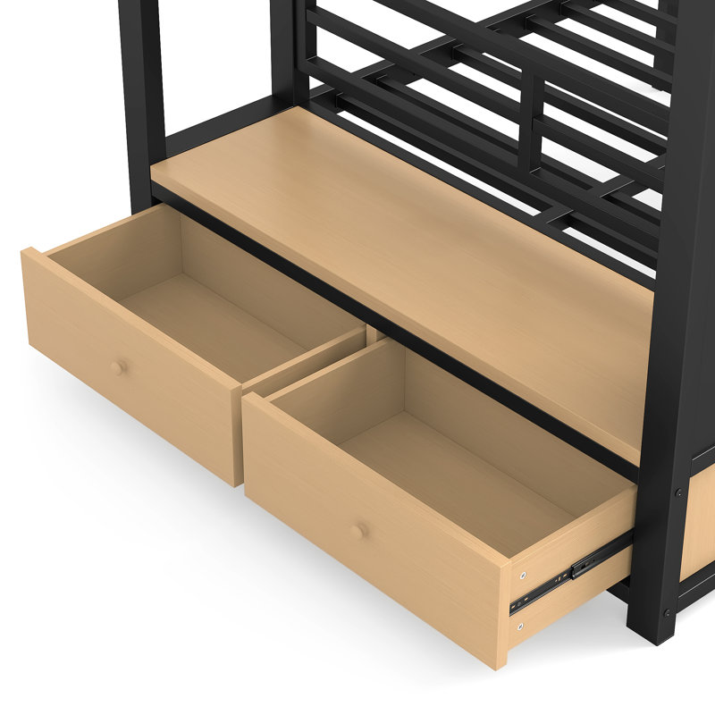 Lit superposé simple TG au-dessus de simple TG pour ados avec tablettes de rangement, tiroirs et panneau perforé, noir