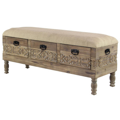 Wood Intricately Carved Floral Room Brown Storage Bench with Cream Burlap Top