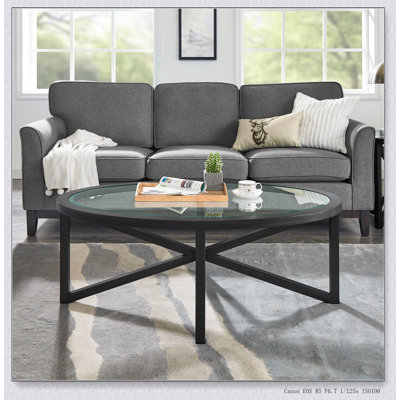 Modern simple glass coffee table, tempered glass coffee table solid wood base round transparent glass top