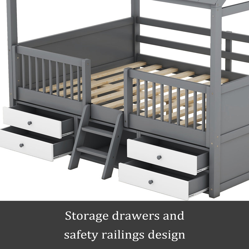 Wood Bed House Bed Frame, Gray, Full
