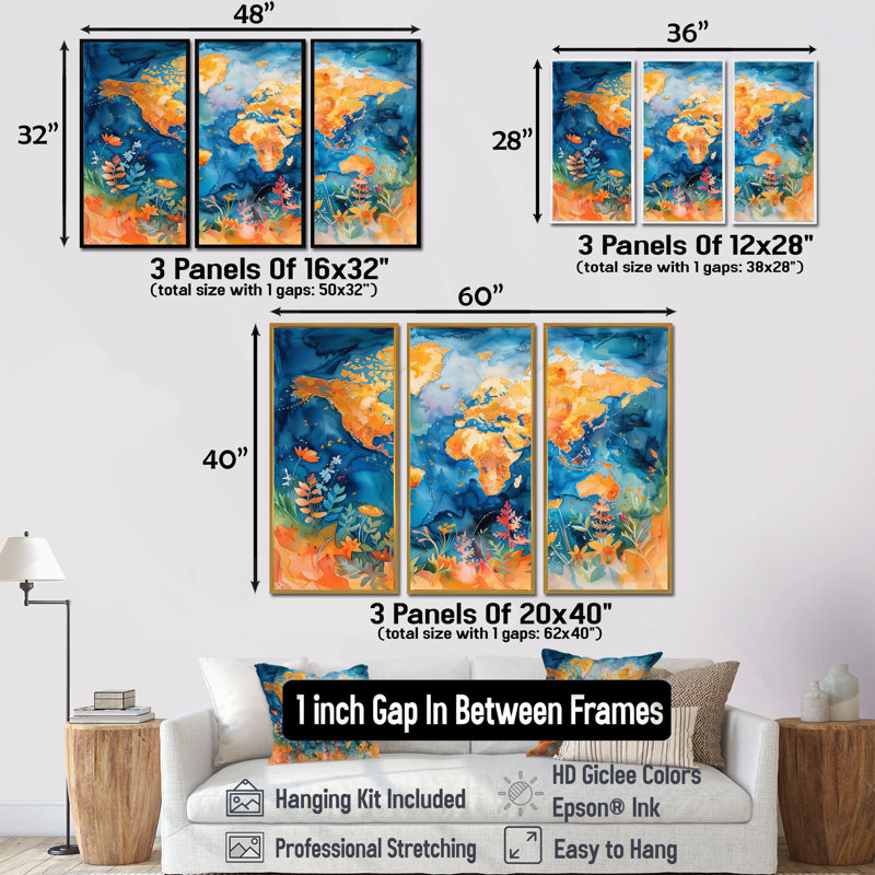 Carte du monde orange et bleu - ensemble de décoration murale carte du monde, Toile avec cadre flottant or