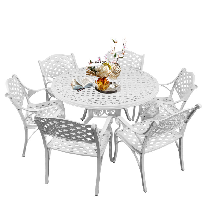 5 Piece Modern Outdoor Dining Set, Cast Aluminum Patio Table And Chairs, 48" Round Table With Umbrella Hole, White, White
