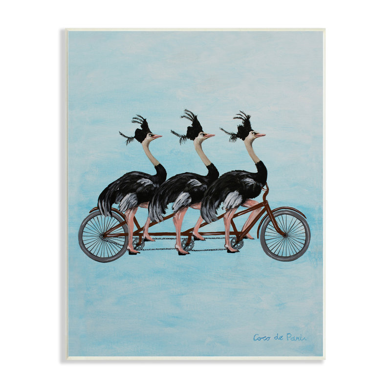 Autruches chevauchant une bicyclette tandem «rigolo» par Coco de Paris - Peinture, H 19 po x l 13 po x P 0,5 po