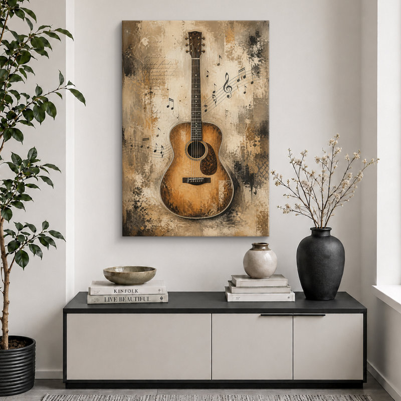 Illustration d'une guitare acoustique rétro avec notes de musique, photos de salle de musique, impression sur toile encadrée