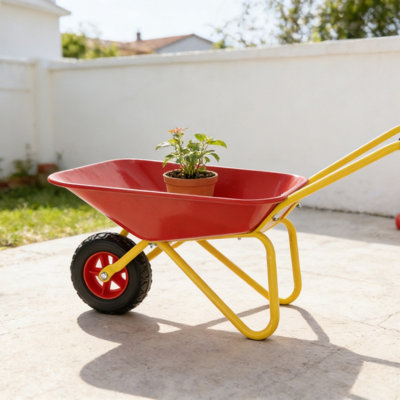 Mini brouette en métal, capacité de poids de 33 lb, chariot utilitaire de jardin en acier pour les feuilles, transport de terre et de sable, rouge