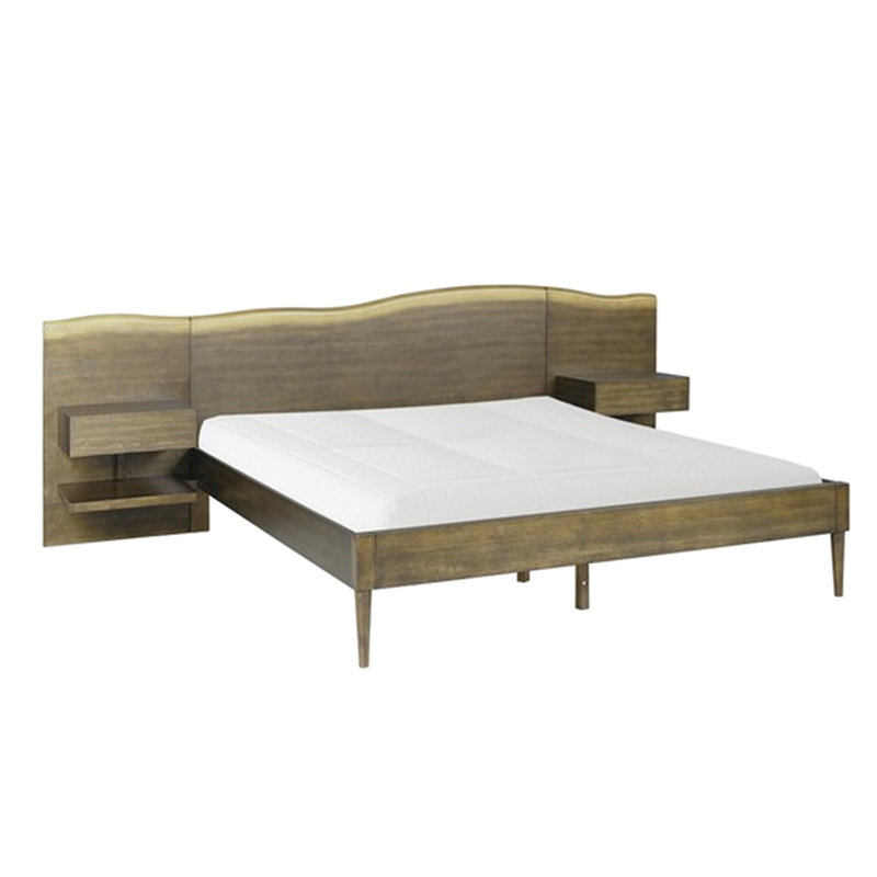 Lit plateforme en bois foncé avec tête de lit attrayante et tables de chevet avec tiroirs