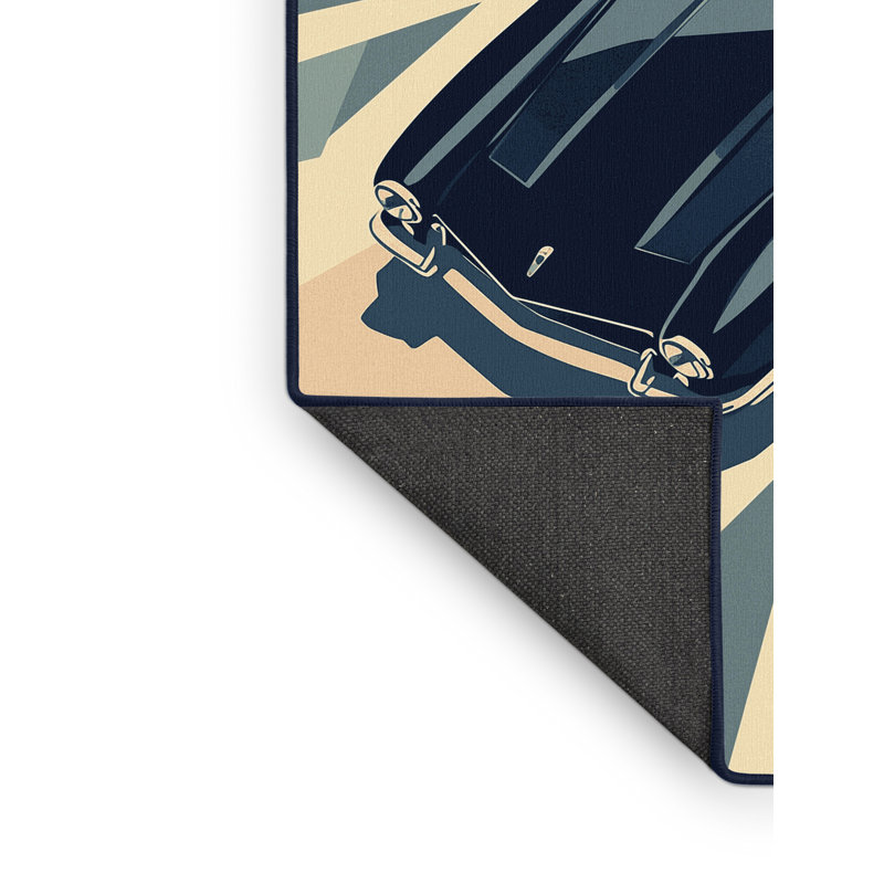Soft Plush Guyonne Retro Coupe Car Retro Geometric Area Rug in Gray – Navy Binding, 5x7