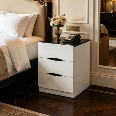 White 3-drawer Nightstand With Black Top, Modern Minimalist Bedside Table, Storage Chest For Bedroom & Small Spaces