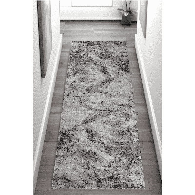 Tapis de couloir intérieur en marbre gris / noir 2 pi x 8 pi (2 pi 3 po x 8 pi) Branch Branch Micah, tapis contemporain, à poils courts et résistant aux taches