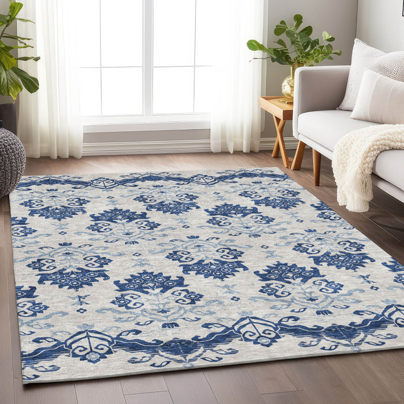 Premium Machine Washable Prisco Navy Rug, Rectangle 3' x 5'