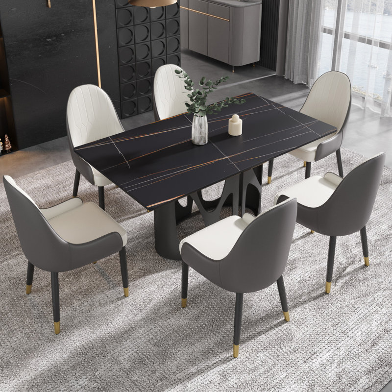 Ensemble de table de salle à manger rectangulaire en marbre 7 pièces 62,99 po avec 6 chaises en similicuir Juvan, Noir