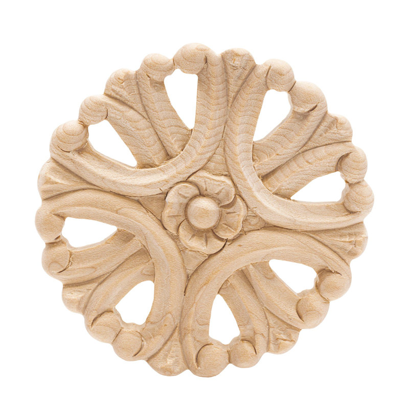 3-1/2 in x 3/8 in Unfinished Small Hand Carved Solid Hard Maple Decorative Rosette Wood Applique