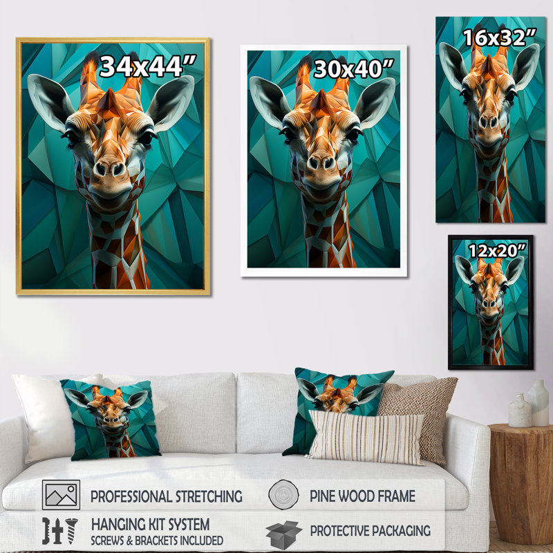 «Green Giraffe Cubist Grace», reproduction sur toile, Cadre doré simple, H 40 po x l 30 po x P 1,5 po