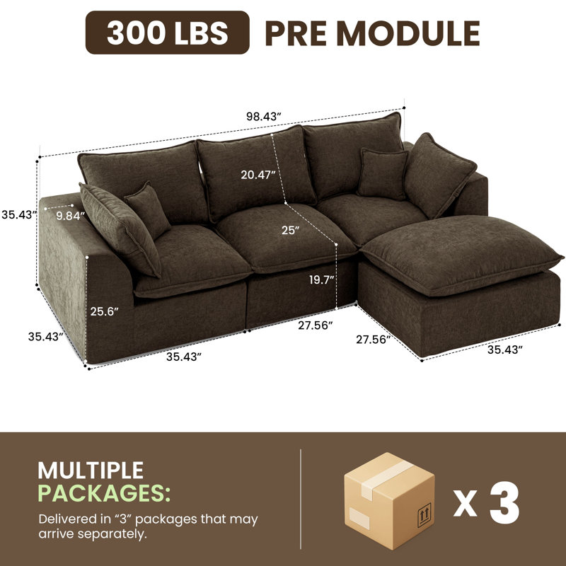 Canapé modulaire en forme de L Cloud, canapé modulaire en forme de L 3 places avec 1 repose-pieds mobile à assise profonde et sans assemblage, brun