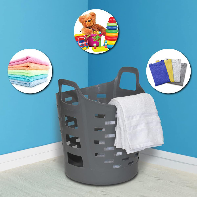 Flexible Laundry Basket - Plastic Hamper For Clothes, Bedroom, And Storage - Portable Round Bin With Carry Handles, 1 Bushel, Grey