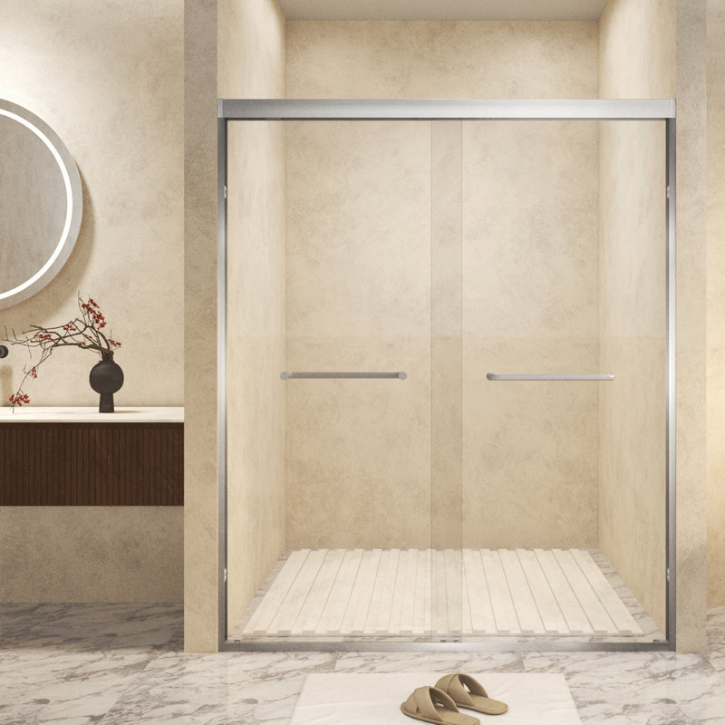 Tempered Glass With Explosion Proof Film, Aluminum Frame Double Sliding Shower Door, "1/4 (6 Mm), Stainless Steel Handle