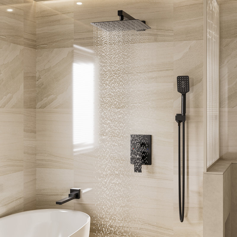 3 Function Wall Mount Complete Rainfall Shower System with 3 Setting Handheld and Tub Spout, Matte Black