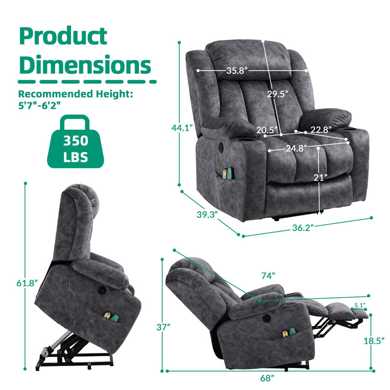 Elsinboro Upholstered Heated Massage Chair, Gray (Soft Fabric)
