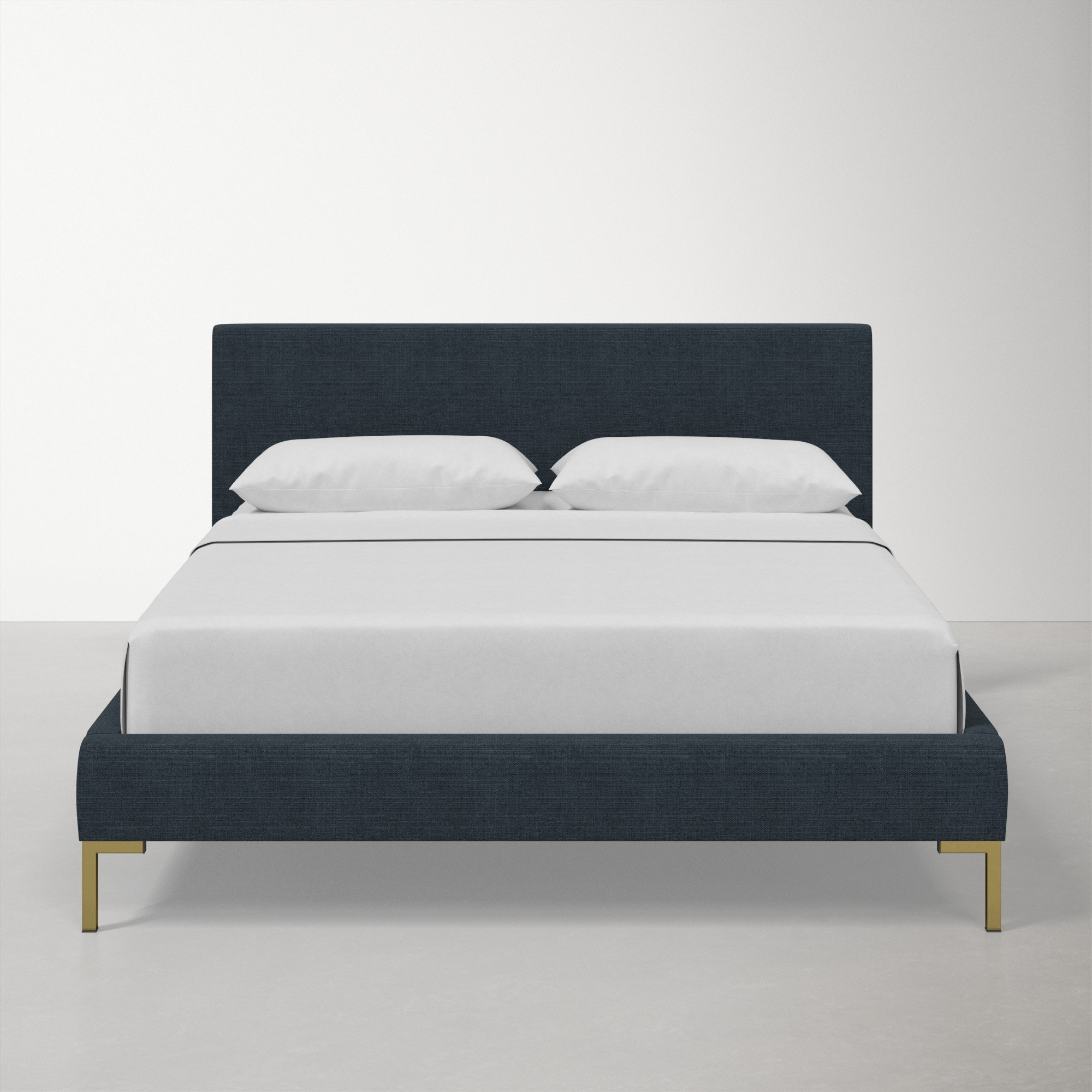 Rand Upholstered Bed, Classic Navy Linen, Brass, Queen