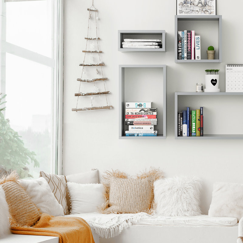  Wall Mount Cube Shelf Set Of 4, Floating Cube Shelves For Space Discovery, Gray, Gray