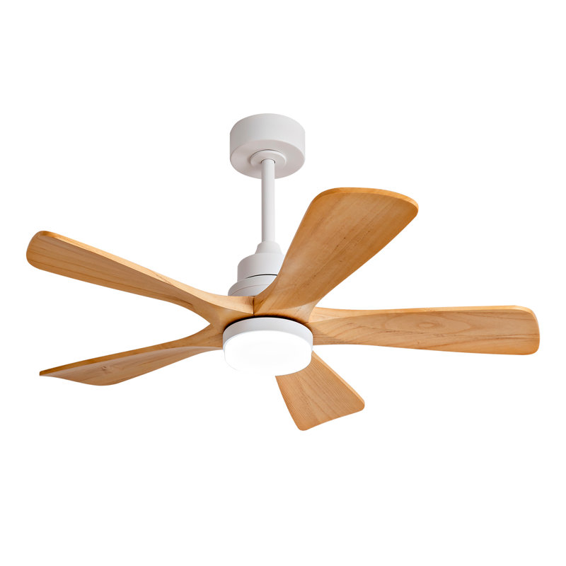42" 5- Blade Ceiling Fan With Remote Control And Led Light, White, Oak Wood