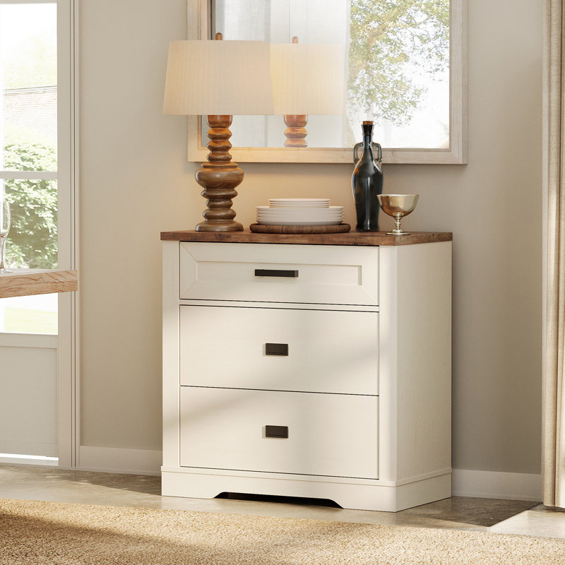 Table de chevet Modern Farmhouse, grande table de chevet avec tiroirs, H 32 po x l 31,5 po x P 15,4 po, Blanc / Chêne