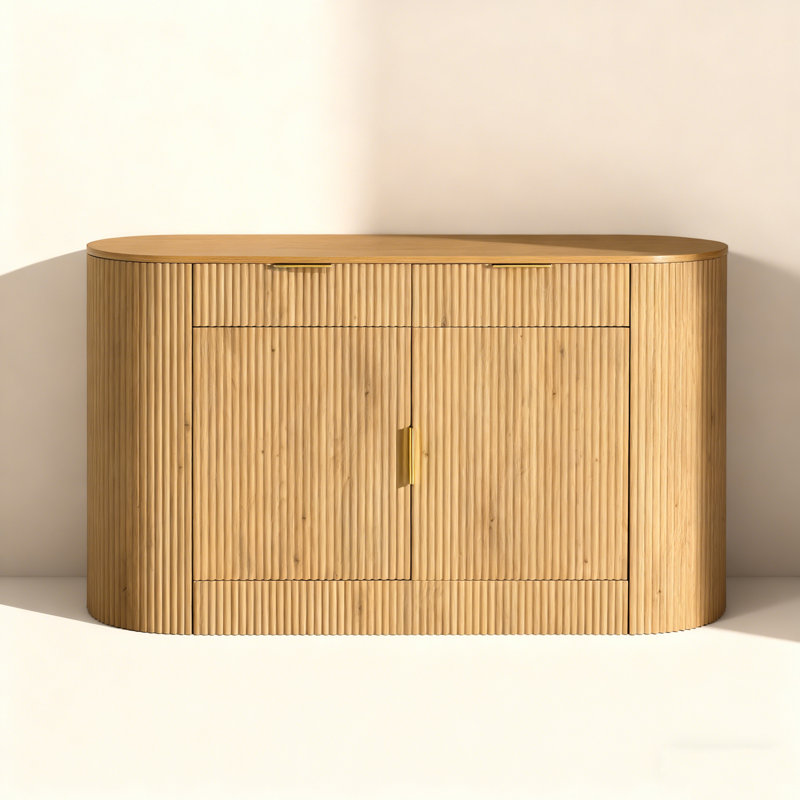 55.1" Modern Storage Cabinet – 2 Doors & 2 Drawers, Stripe MDF Sideboard With Aluminum Handles, Curved Side Door & 3-Tier Shelves, Buffet Cabinet For Living Room, Bedroom, Dining Room