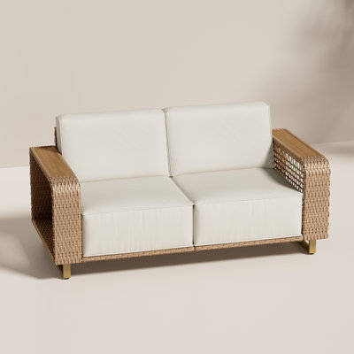 Outdoor Patio Loveseat Sofa with Woven Open-Frame Arms, 10" Thick Cushions, Water-Resistant Olefin Fabric
