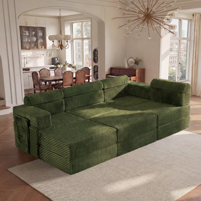  Sisler 6 Piece 141.6" Oversized L Shape Upholstered Convertible Modular Corduroy Compression Sofa with Storage Pockets, No Assembly