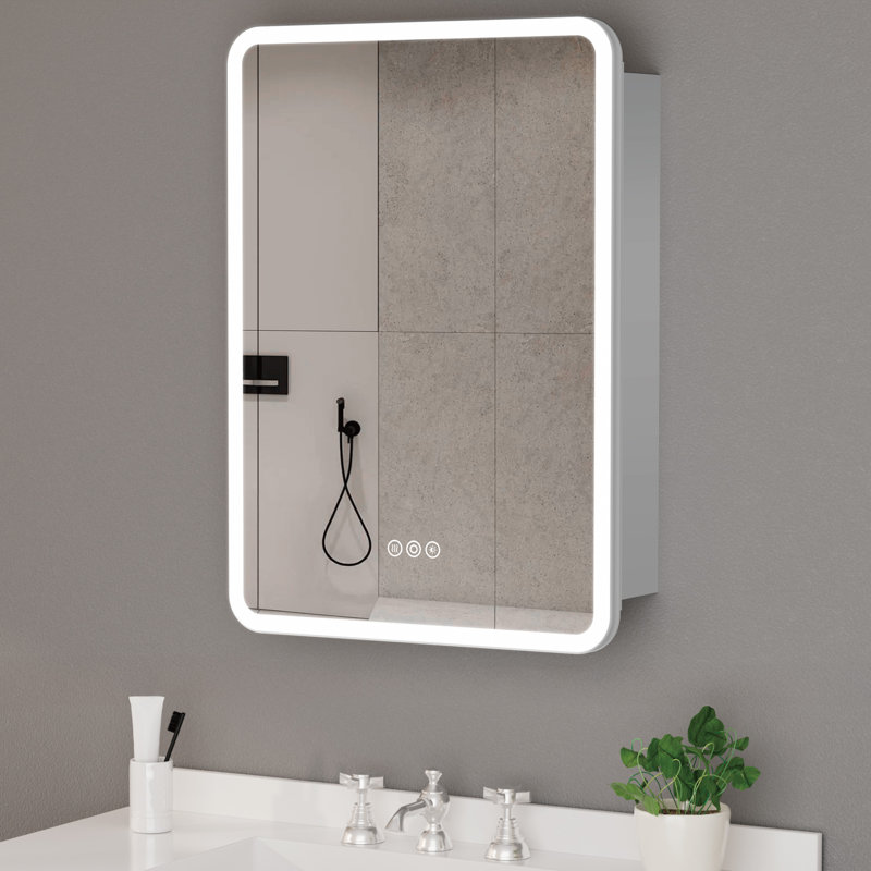 Armoire à pharmacie en aluminium de 61 cm (L) x 76 cm (H) avec miroir, éclairage DEL, antibuée, intensité variable et 3 couleurs, fonction mémoire, étagères en verre réglables, port USB et prise homologuée UL, montage encastré ou en saillie