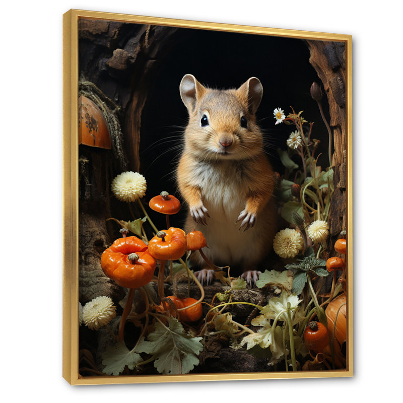 Mignon rongeur en fleurs - reproduction d'art mural, H 20 po x l 12 po x P 1 po, Cadre flottant doré