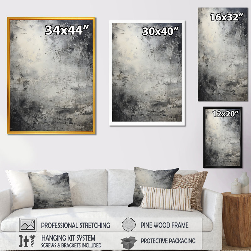 Minimalisme gris, surface lunaire 4 - Tachisme, art mural, H 20 po x l 12 po x P 1 po, Cadre doré simple
