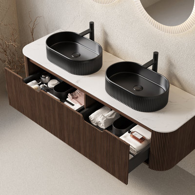 Modern 60" Wall - Mounted Bathroom Vanity With Two Black Vessel Basins, Dark Walnut Color, Pre Assembled, Plywood, Soft Close Drawer System Oval Ceramic Sinks, Design, 3D Striped Finish, Marble Top,