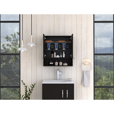 Armoire à miroir Jaspe, trois tablettes internes, une tablette ouverte, armoire à deux portes - noir