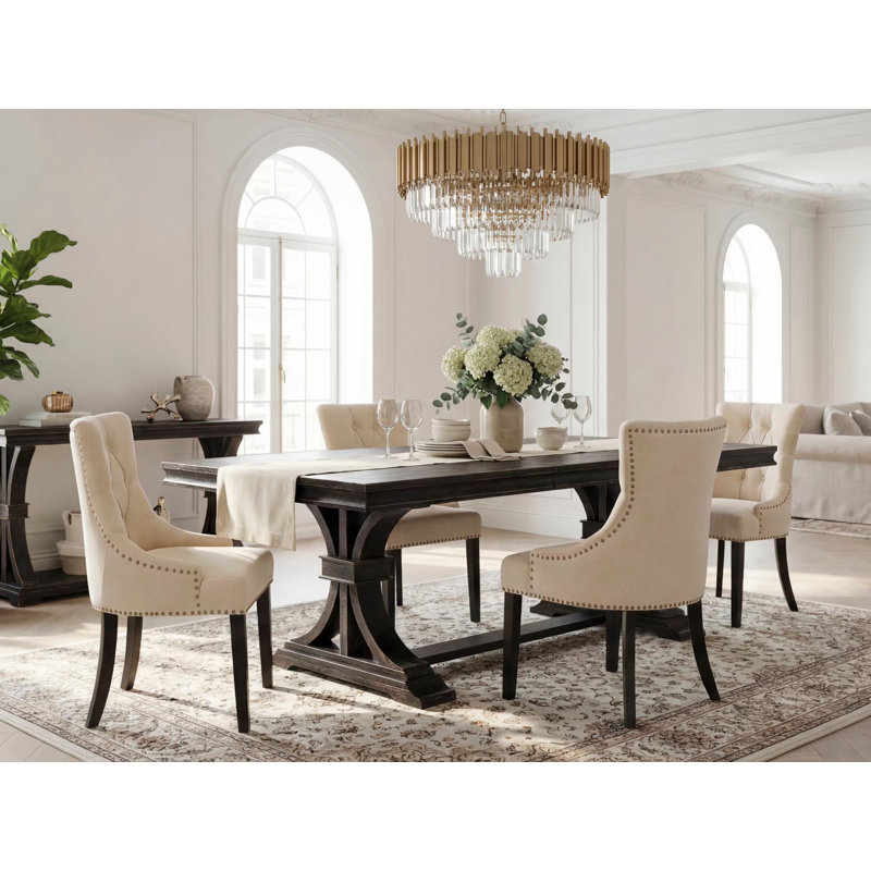 5-piece kitchen set includes a kitchen table and 4 Light Beige Linen Fabric parson chairs & black legs with Button Tufted Back - Sand Blasting Black finish.