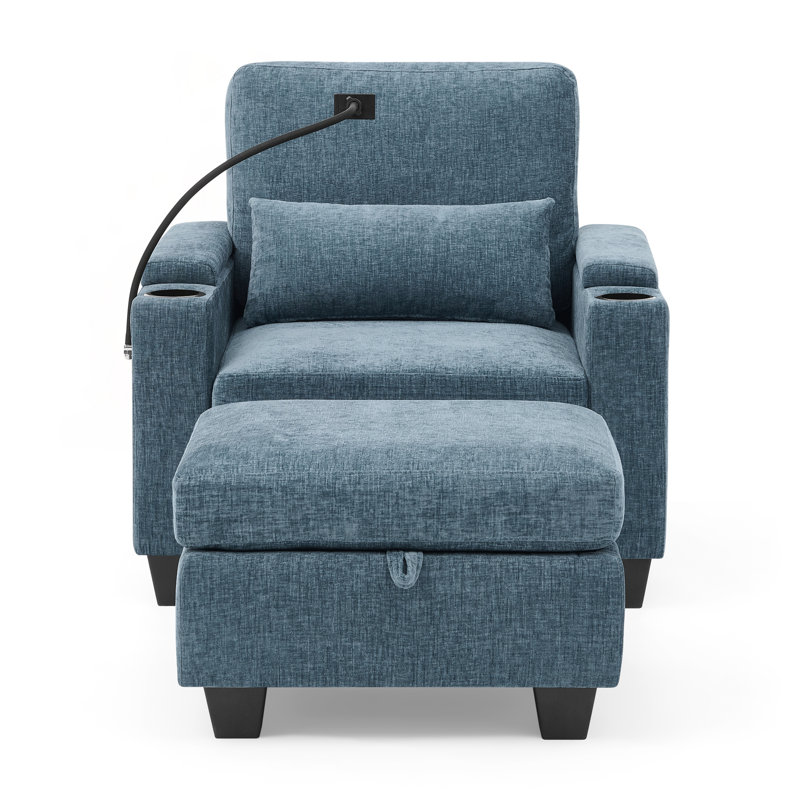 Single Sofa Recliner with Adjustable Backrest, USB Charging, Phone Stand, and Hidden Storage Ottoman, Blue