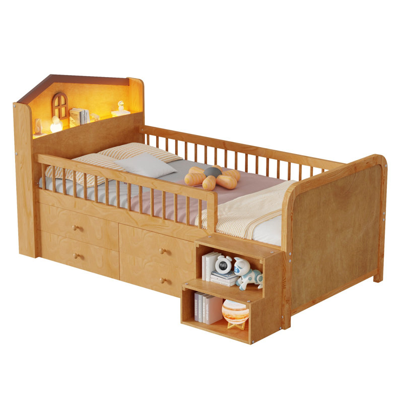 Lit mezzanine simple en pin naturel avec tête de lit à DEL, garde-corps de sécurité et 4 tiroirs de rangement pour enfants