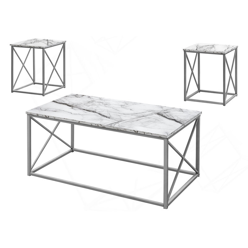 Ensemble de table, table basse, bout, côté, décor, salon, stratifié aspect marbre blanc, métal gris