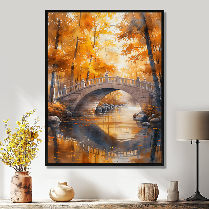Jaune et beige, automne, rivière de beauté, pont V, Cadre flottant noir, H 16 po x l 32 po