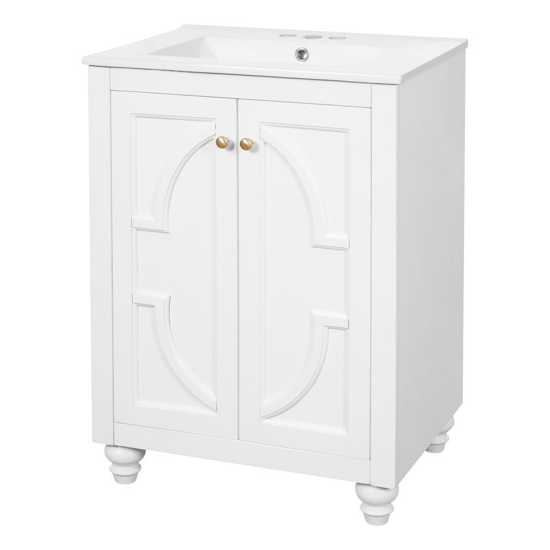 Console de meuble-lavabo de 24 po de style néoclassique avec lavabo central en céramique de 4 po, armoire à double porte à relief elliptique sur une grille à lattes aérodynamique et des pieds fuselés sculptés (blanc et bleu)